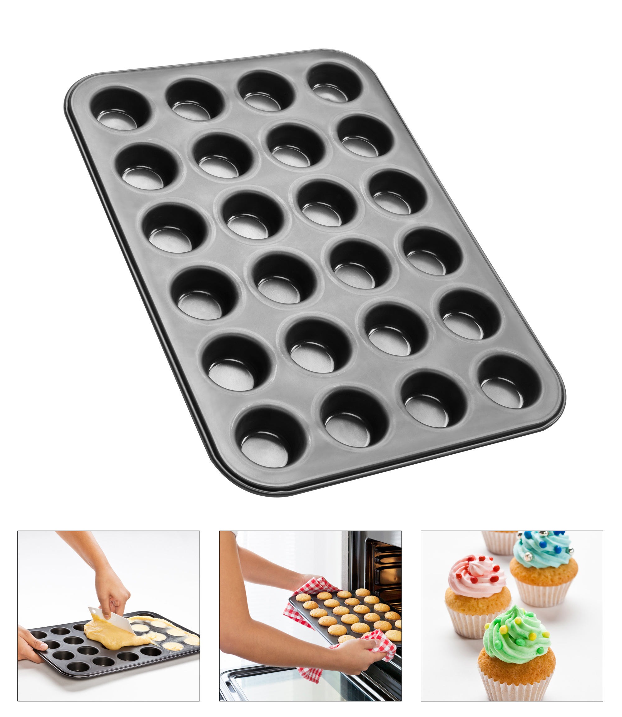 Backblech mit Muffins. Hände gießen Teig, backen und fertige Cupcakes.