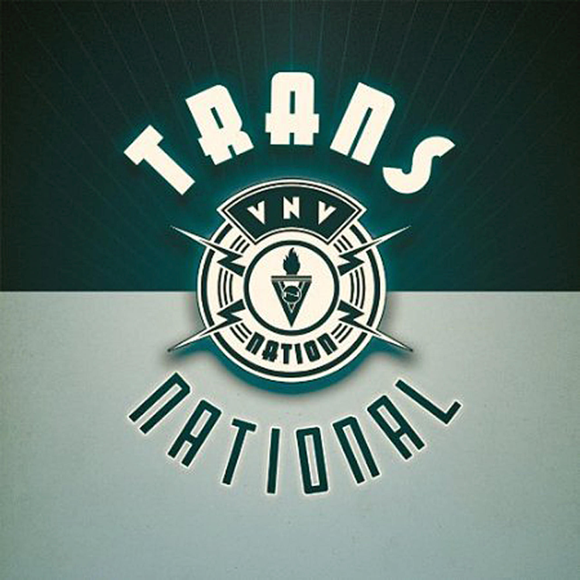 Trans-National Albumcover. Weißer Text auf türkis-grauem Hintergrund mit zentralem Emblem.