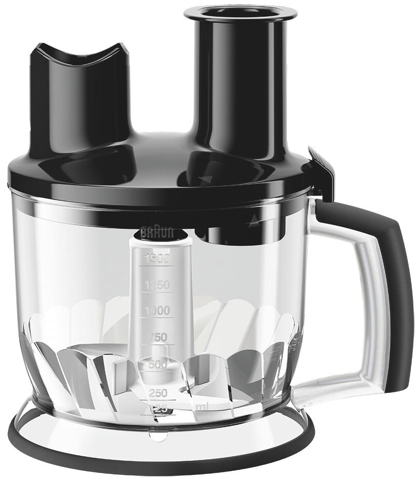 Braun Küchenmaschine, transparenter Behälter, schwarzer Deckel, weißes Messer, Griff.
