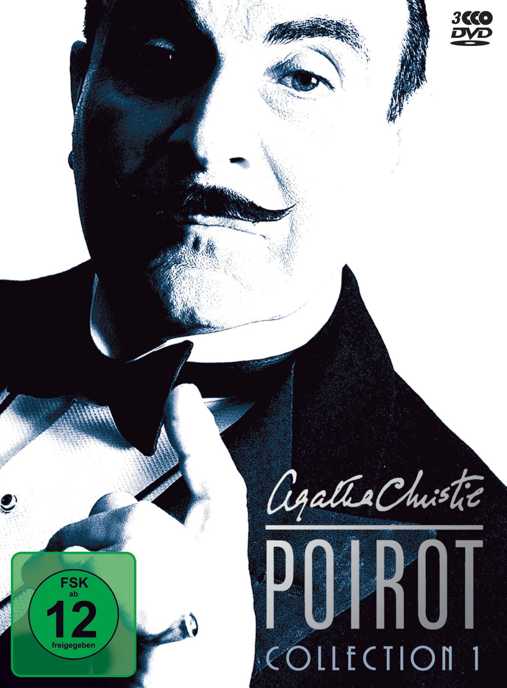 DVD-Cover von Agatha Christies Poirot. Poirots Gesicht in Schwarzweiß. Text.