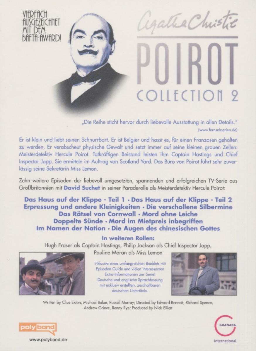Rückseite einer Poirot-DVD-Hülle mit Text auf Deutsch, Bildern von Schauspielern.