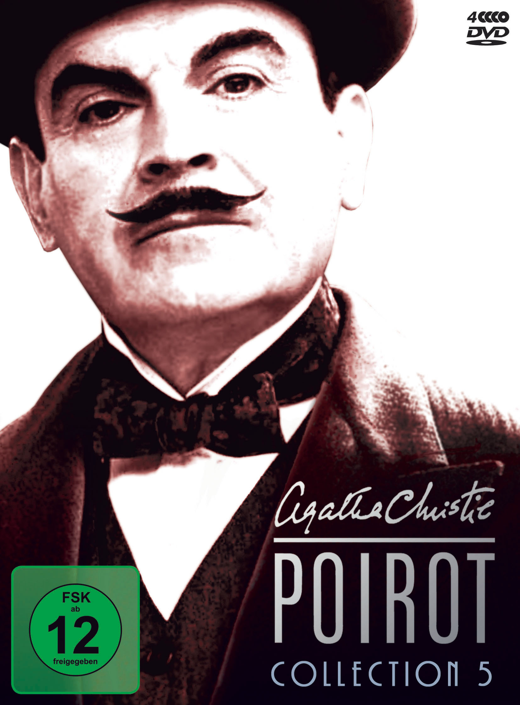 DVD-Cover: Nahaufnahme eines Mannes mit großem Schnurrbart. Text: Agatha Christie Poirot.