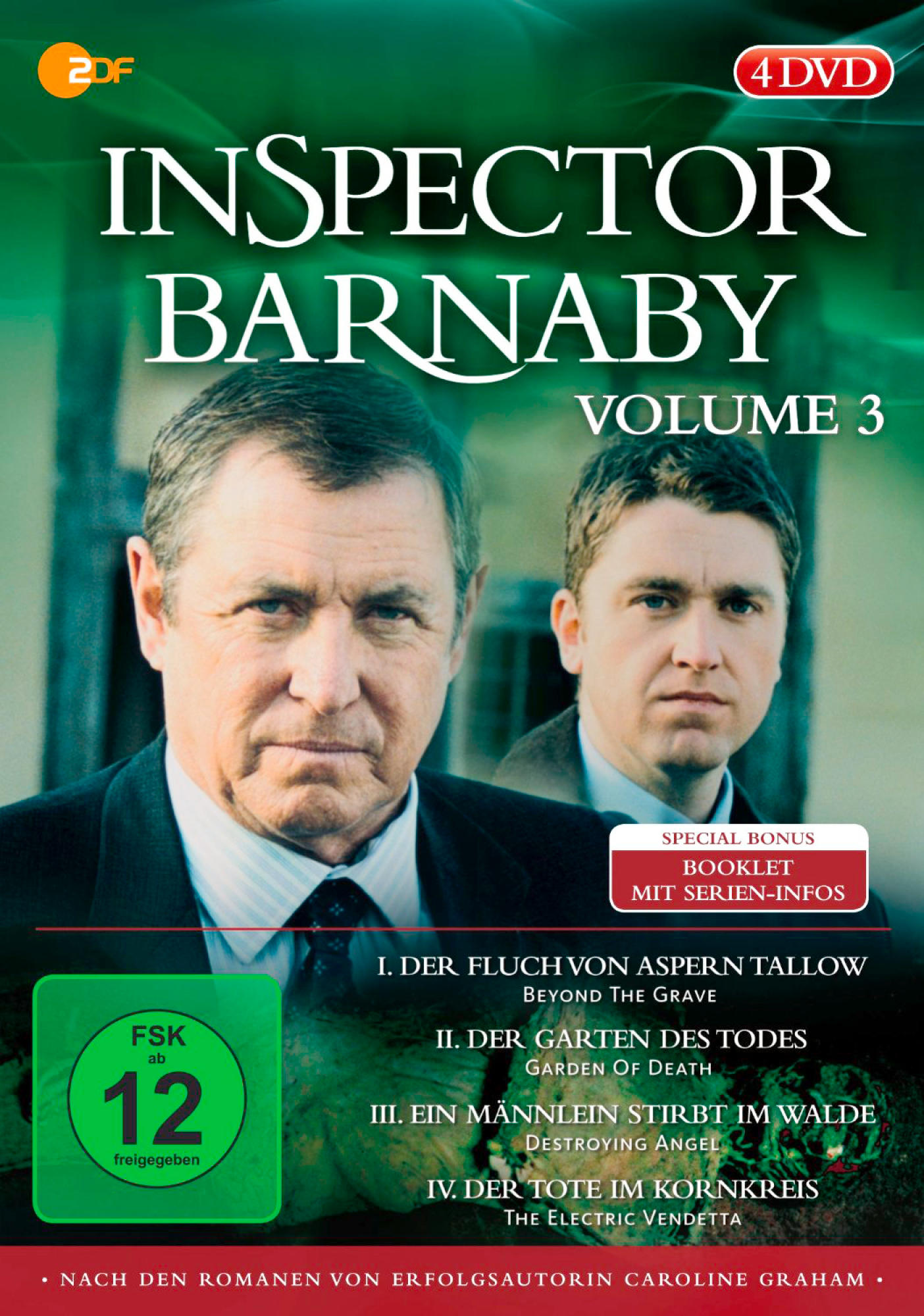 Inspector Barnaby DVD-Cover. Zwei Männer in Anzügen, einer älter, einer jünger, auf grün-weißem Hintergrund.