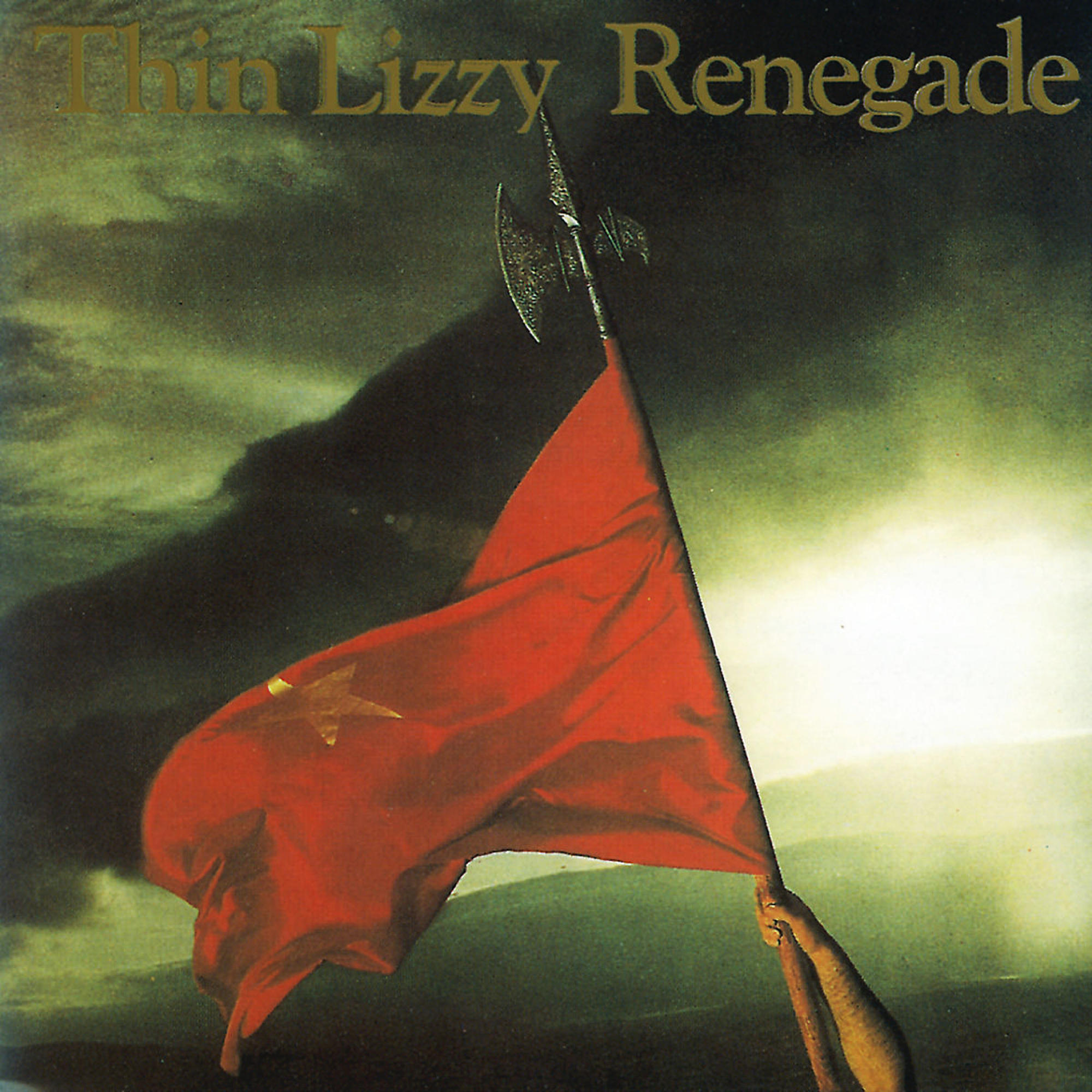 Albumcover für Thin Lizzys "Renegade" mit roter Flagge mit Stern und Axt.