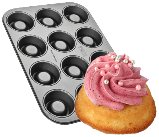 Muffinform mit Cupcake und Zuckerguss. Die Form ist leer.