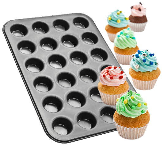 Ein Muffinblech mit 24 Löchern, mit sechs Cupcakes mit buntem Zuckerguss.
