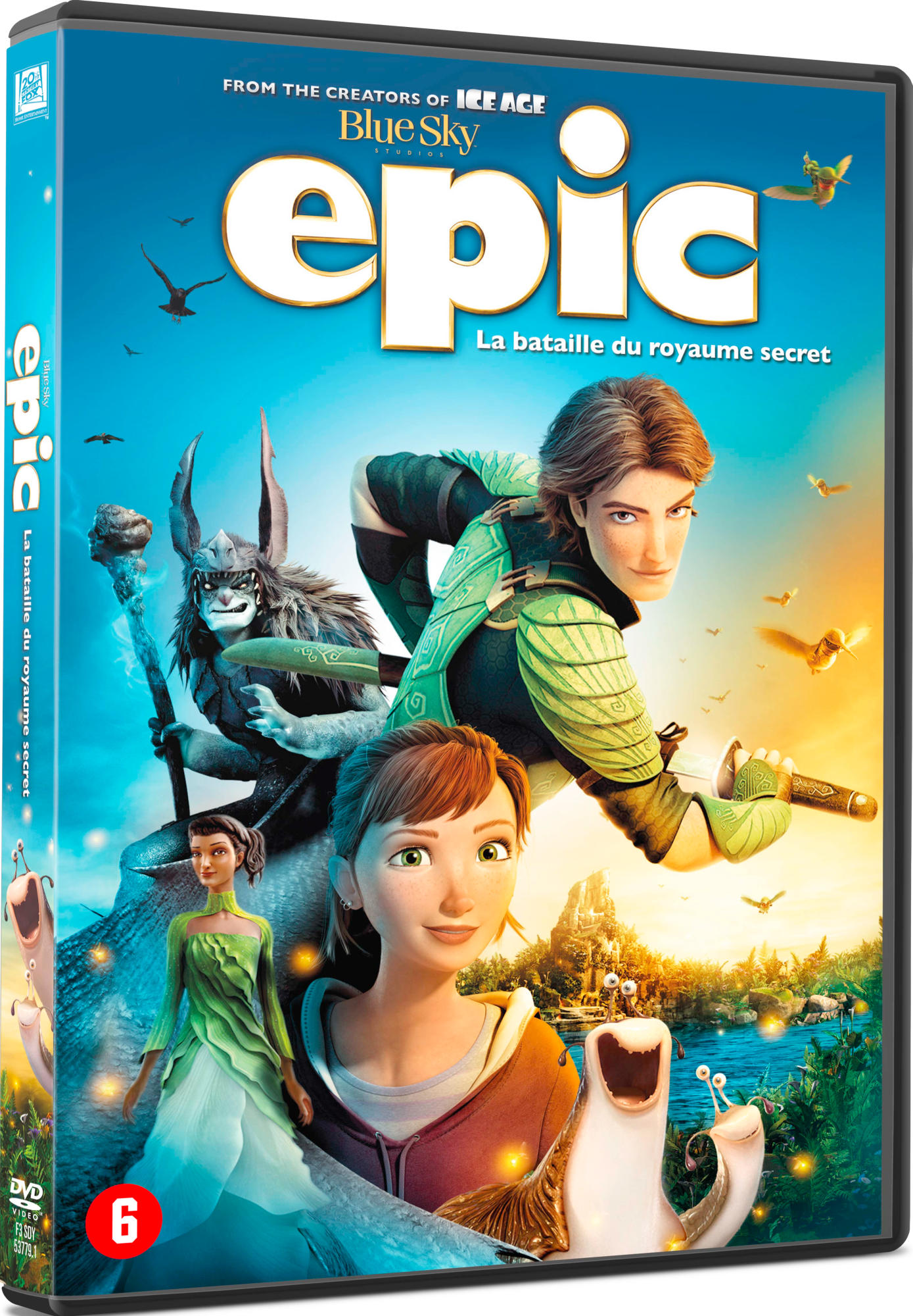 Couverture du DVD du film Epic, avec des personnages animés, un fond de forêt et du texte.