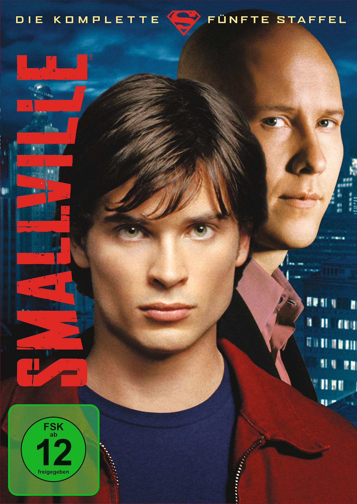 Smallville DVD-Cover. Tom Welling und Michael Rosenbaum. Der Titel ist prominent, rote Jacke.