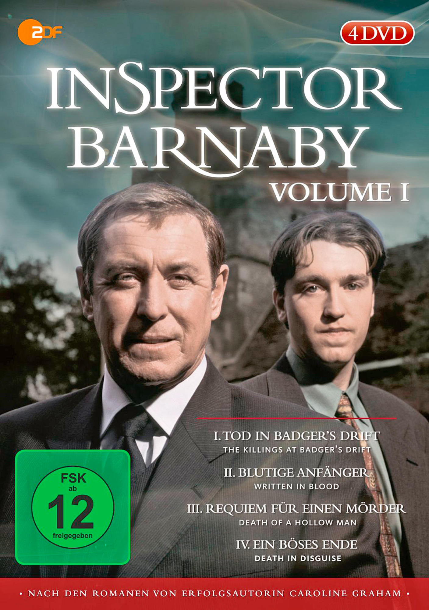 Inspector Barnaby DVD-Cover. Zwei Männer in Anzügen, mit grünem Abzeichen und Episodentiteln.