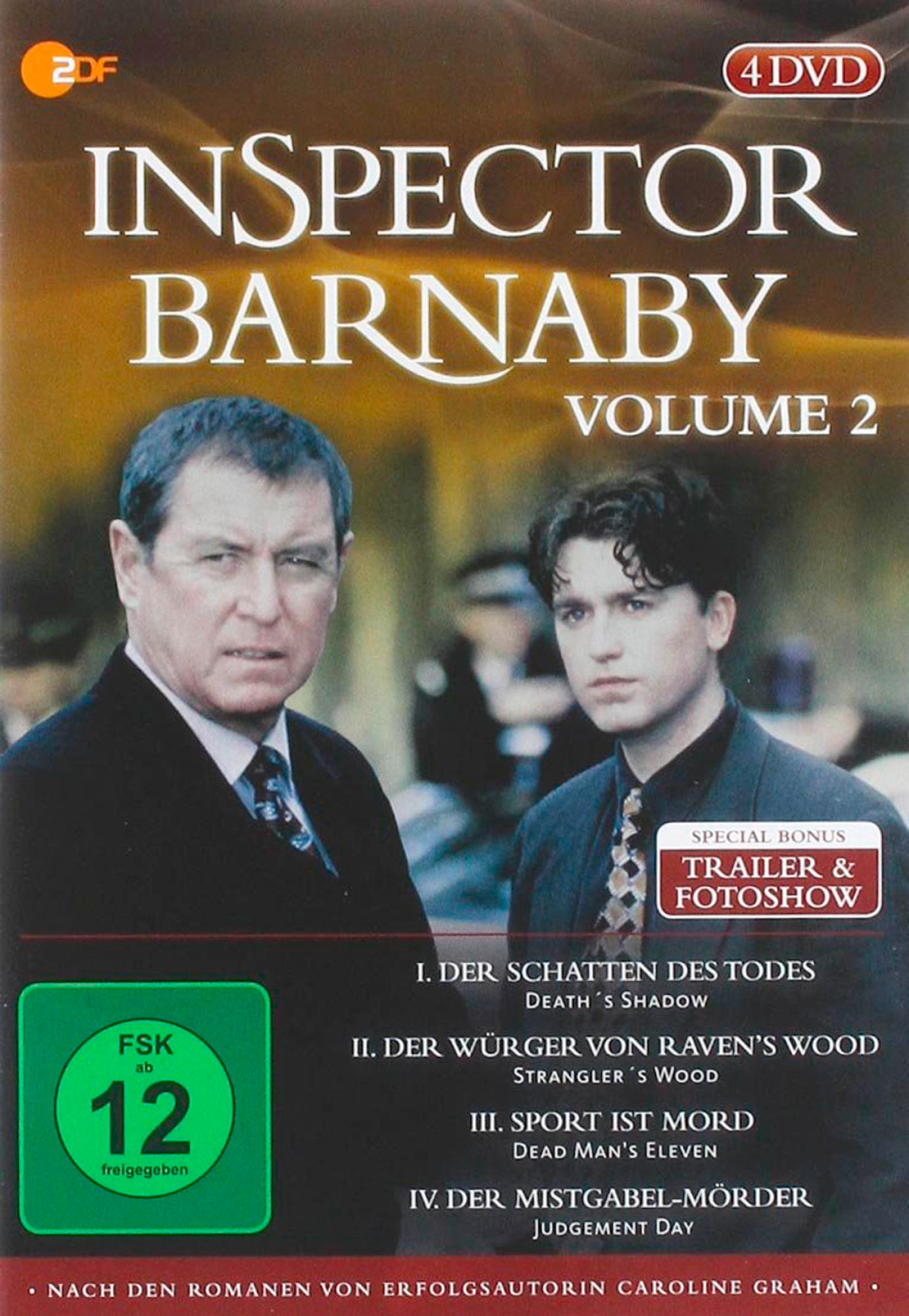 DVD-Cover von 'Inspector Barnaby Volume 2'. Zeigt zwei Männer in Anzügen, mit Text und einem Bonusbereich.