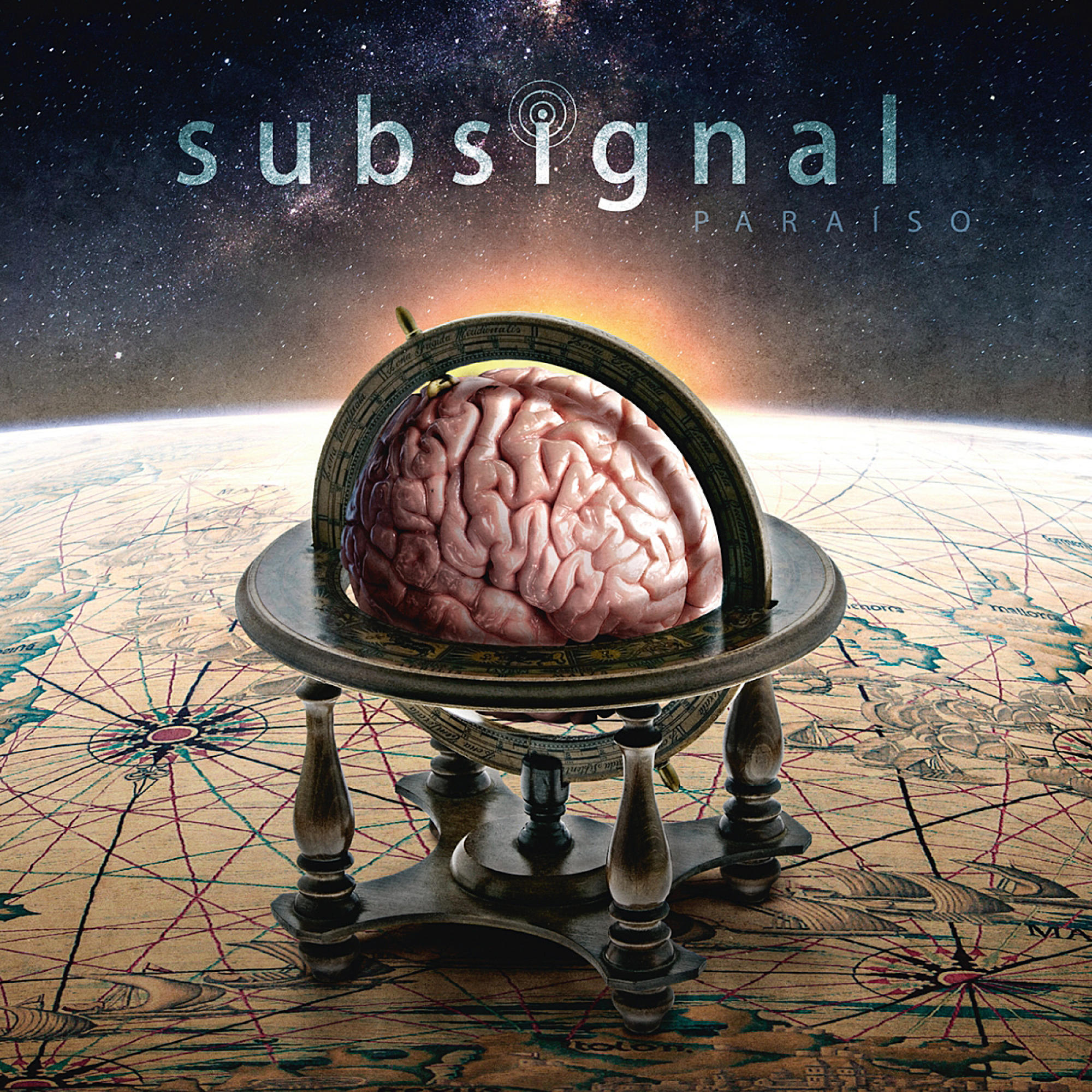 Ein Albumcover mit einem Gehirn in einem Globus. Sterne und eine Karte sind sichtbar. Die Band ist Subsignal.