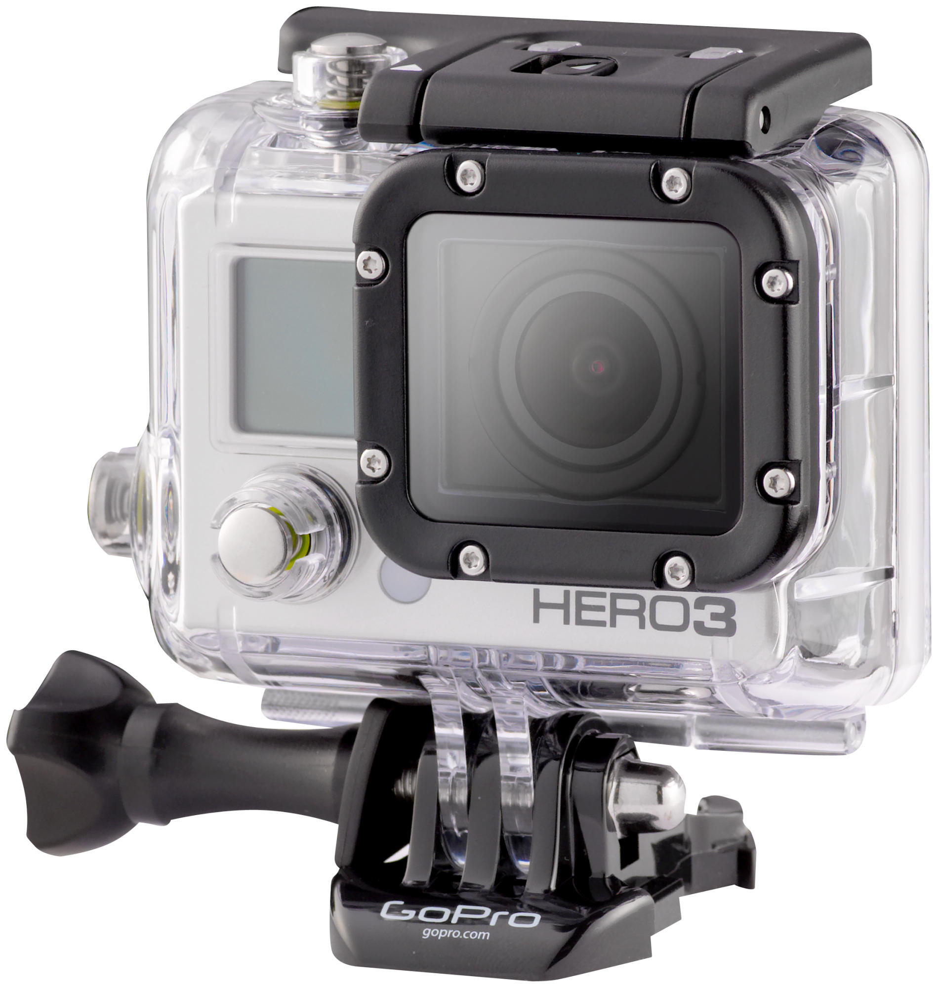 Cámara GoPro Hero3 en una funda transparente con montura negra. La lente es negra.