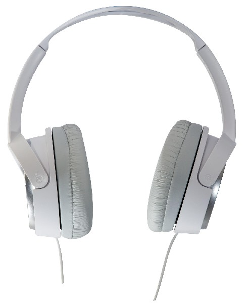 Un auricular blanco con auriculares grises y un cable blanco.