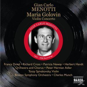 Albumcover mit Gian Carlo Menotti und einem Schallplattenlabel mit Text über das Musikwerk.