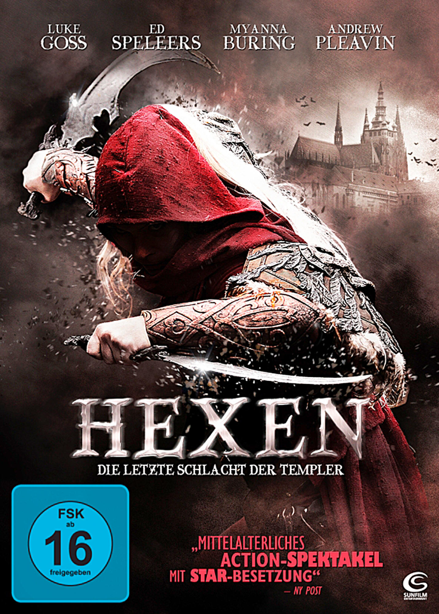 DVD-Cover. Eine Frau mit einem Messer und einer roten Kapuze. Der Titel lautet Hexen, Die letzte Schlacht der Templer.