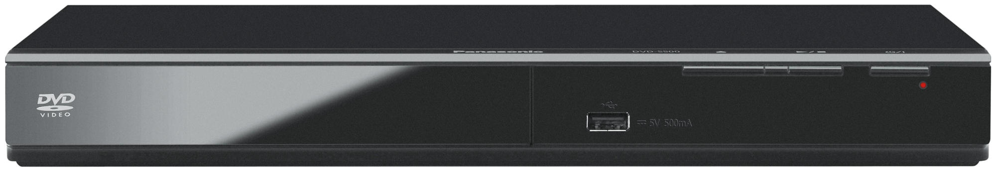 Schwarzer DVD-Player mit silberner Zierleiste. Er hat einen USB-Anschluss und eine rote Betriebsanzeige.
