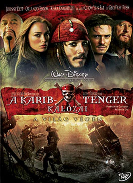 Mozgóképplakát: A Karib-tenger kalózai, Johnny Depp-pel, Orlando Bloommal. Kalózhajó viharos tengereken.