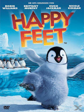 Ein DVD-Cover mit einem Pinguin und Text 'Happy Feet' mit blauem und weißem Hintergrund.