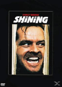 DVD-Cover von "The Shining" mit dem Gesicht von Jack Nicholson, das durch eine Tür späht, Titel oben.