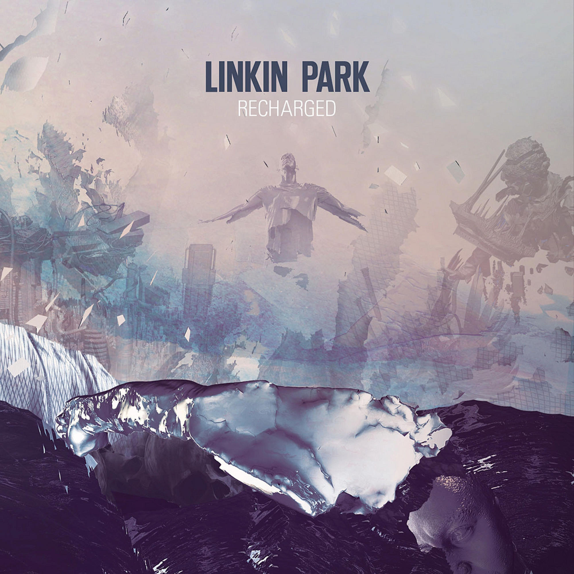 Linkin Park 'Recharged'-Albumcover. Eine Figur mit offenen Armen in einer abstrakten Landschaft.