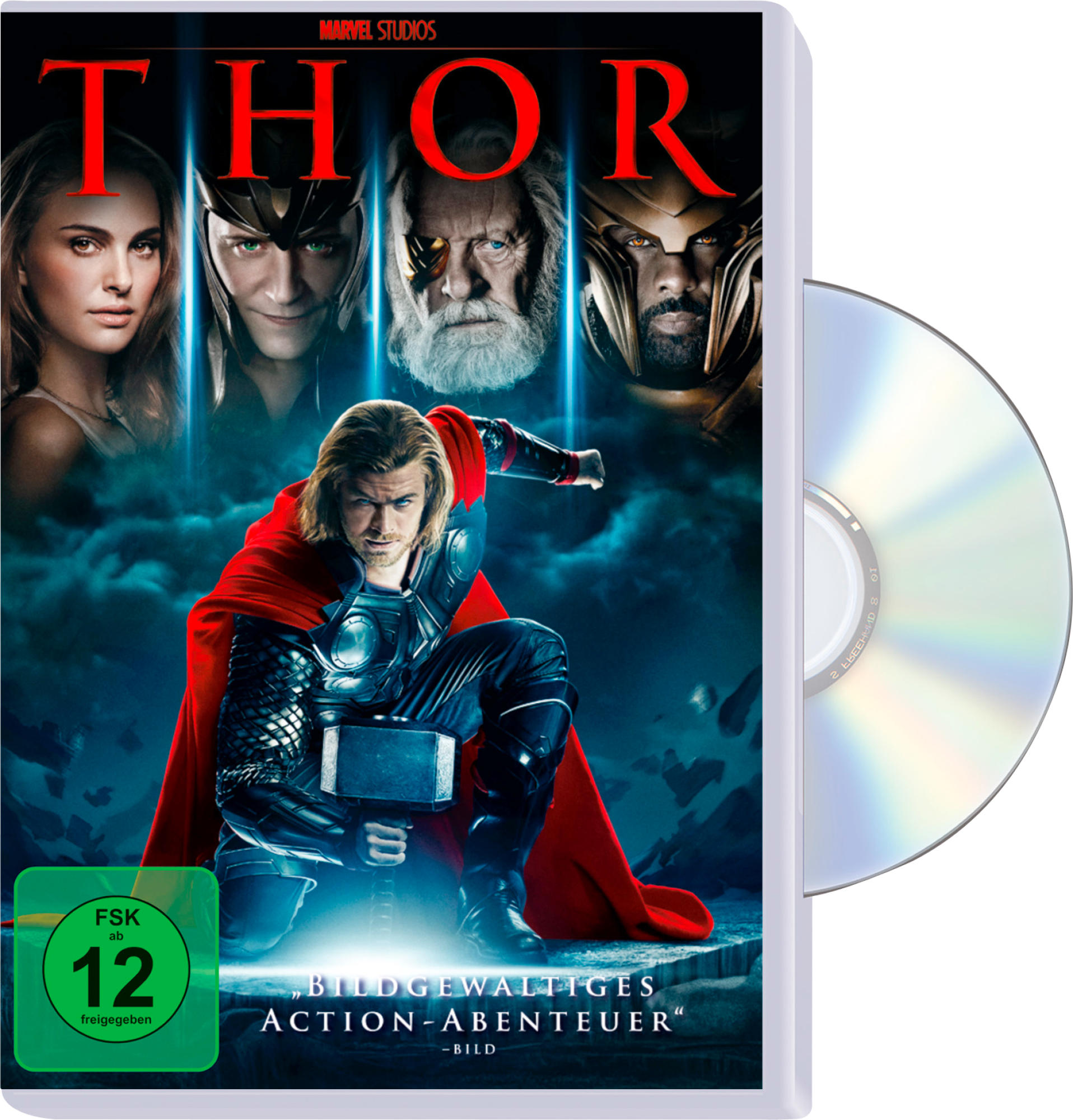 Thor DVD-Cover mit Thor, Loki, Odin und anderen. Die Hülle ist weiß.