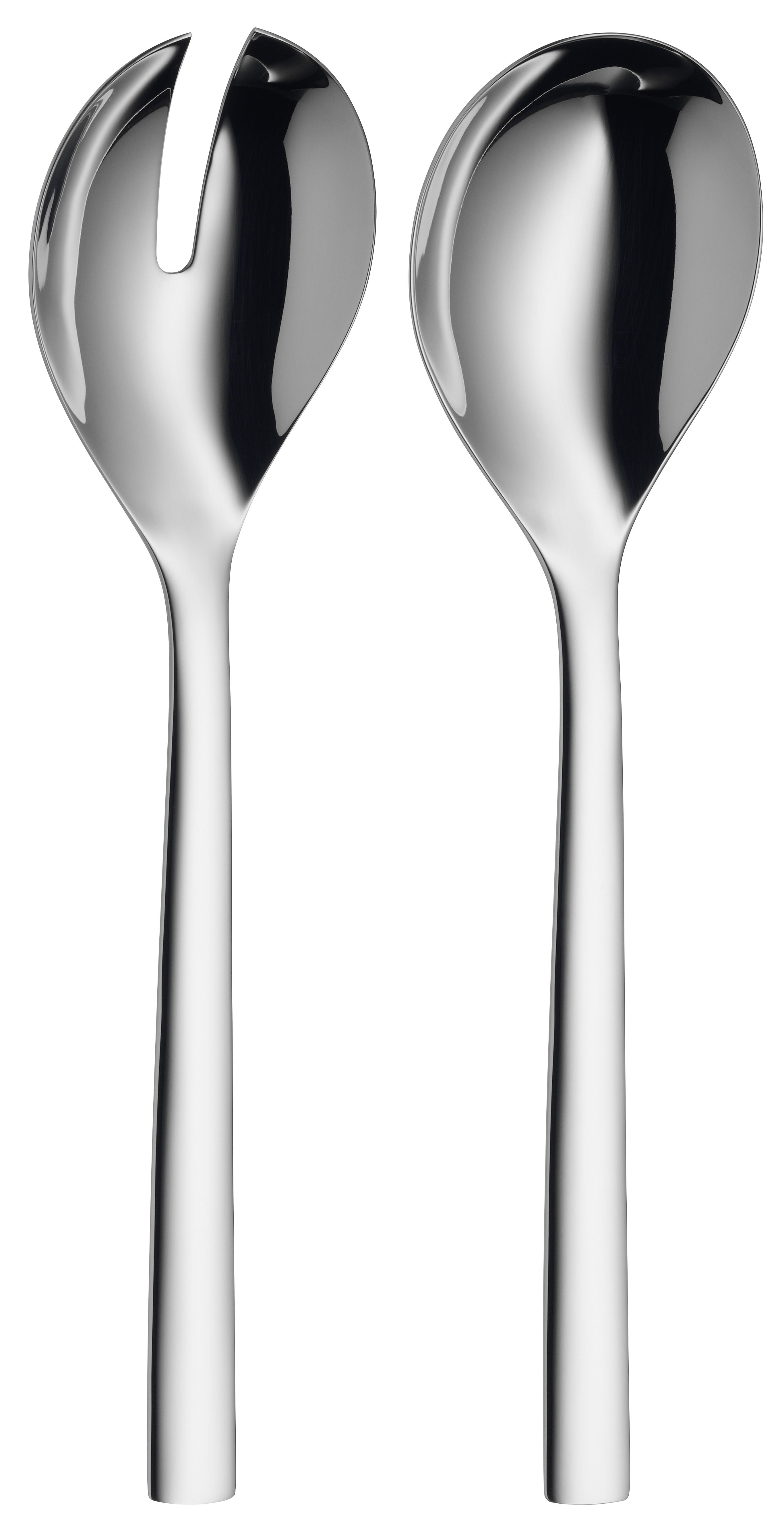 Deux couverts à salade argentés et brillants sur fond blanc. L'un est une cuillère, l'autre a une fourchette.