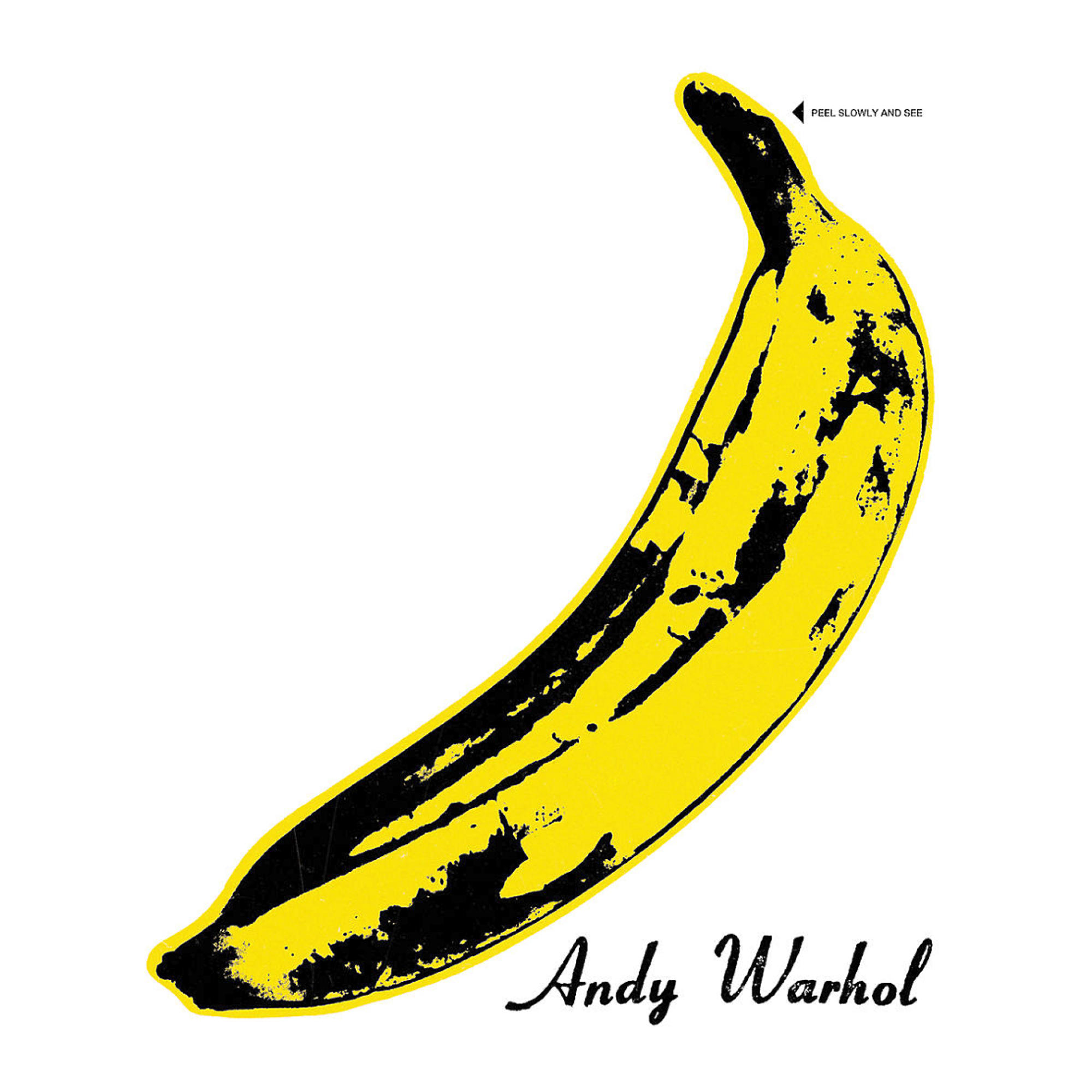Gelbe Banane mit schwarzen Flecken und Text 'Andy Warhol'.