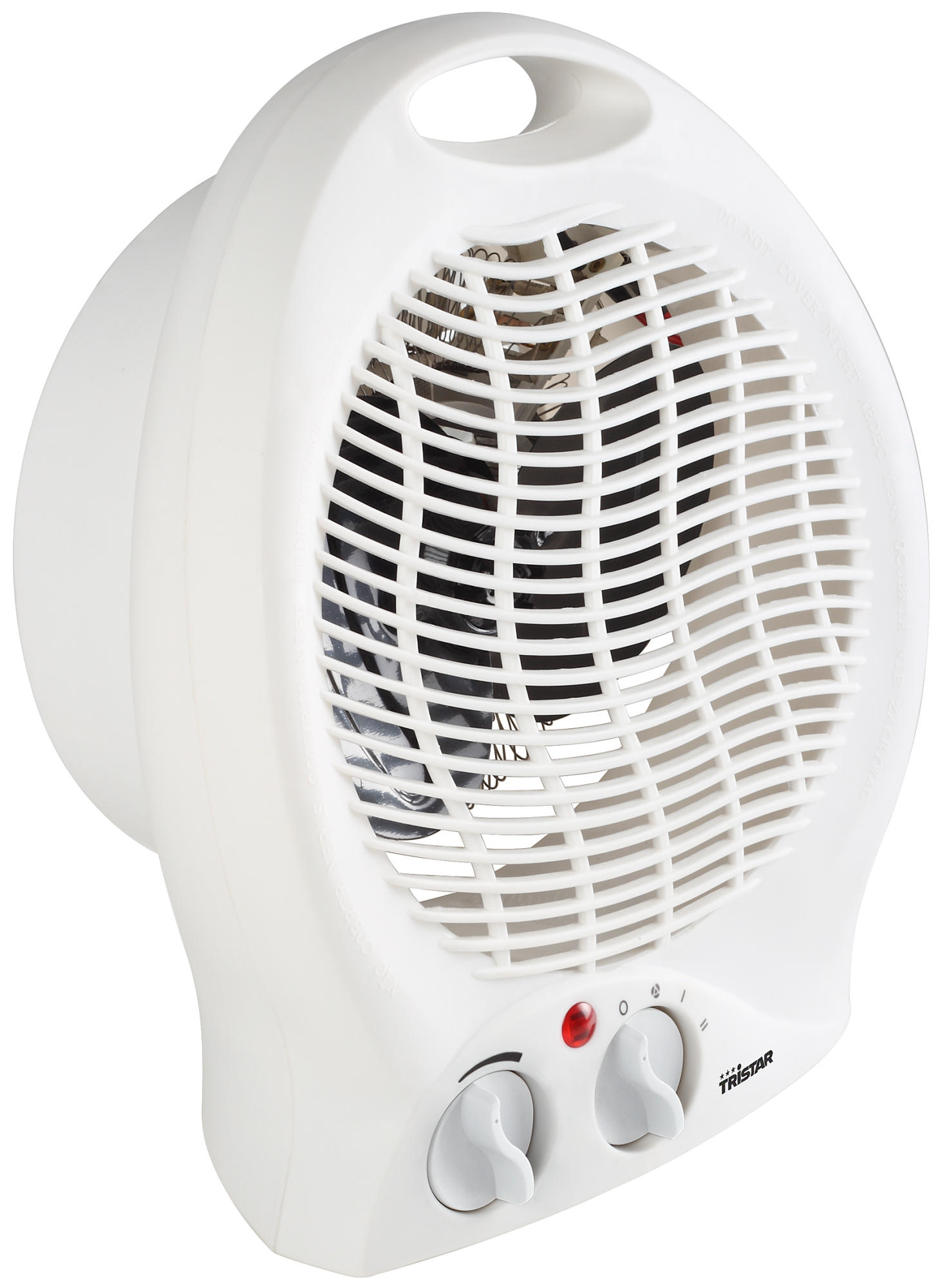 Weißer elektrischer Ventilator mit Frontgrill. Hat zwei Knöpfe und ein rotes Licht. Markenname ist Tristar.
