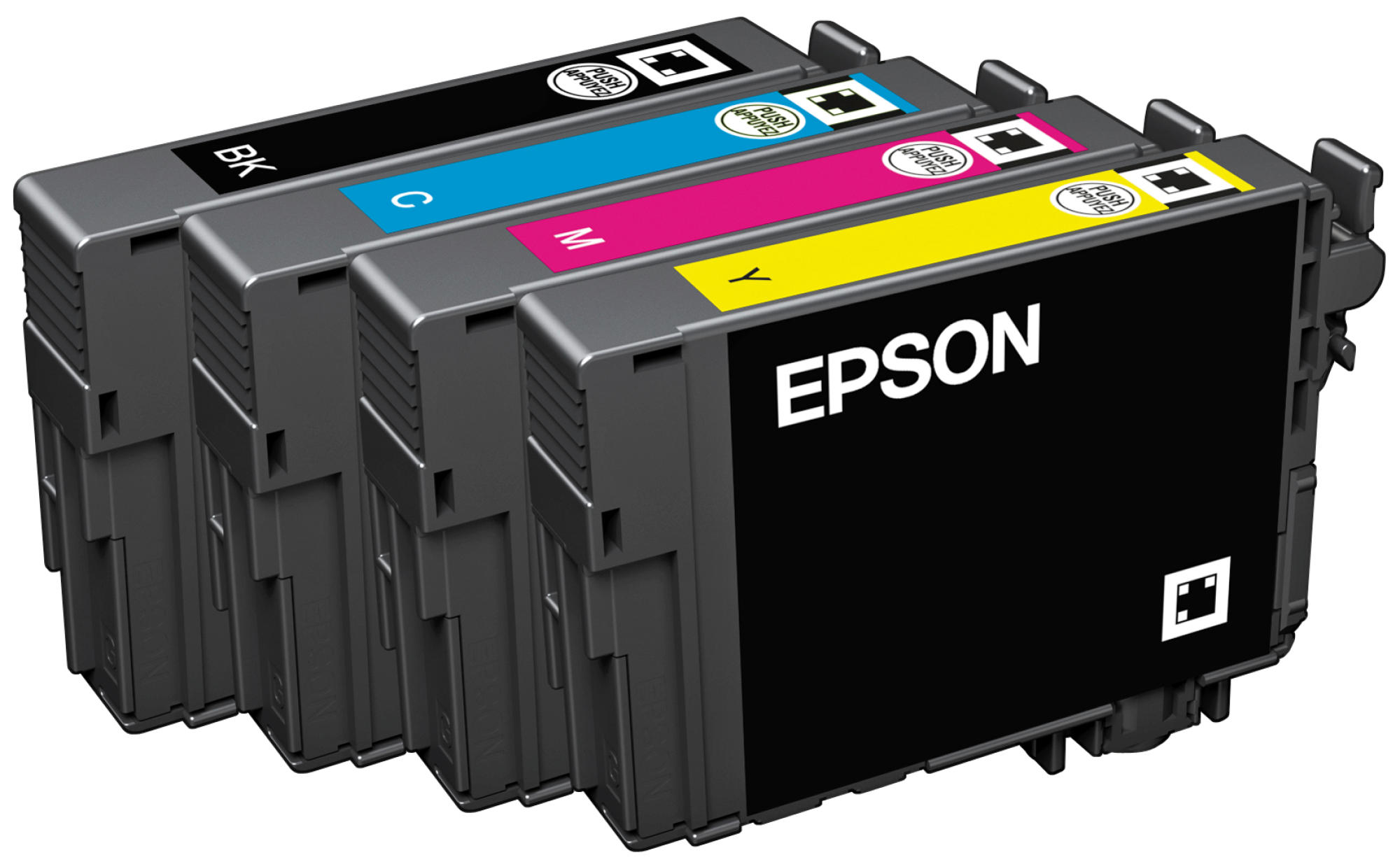 Epson Tintenpatronen in Schwarz, Cyan, Magenta und Gelb.