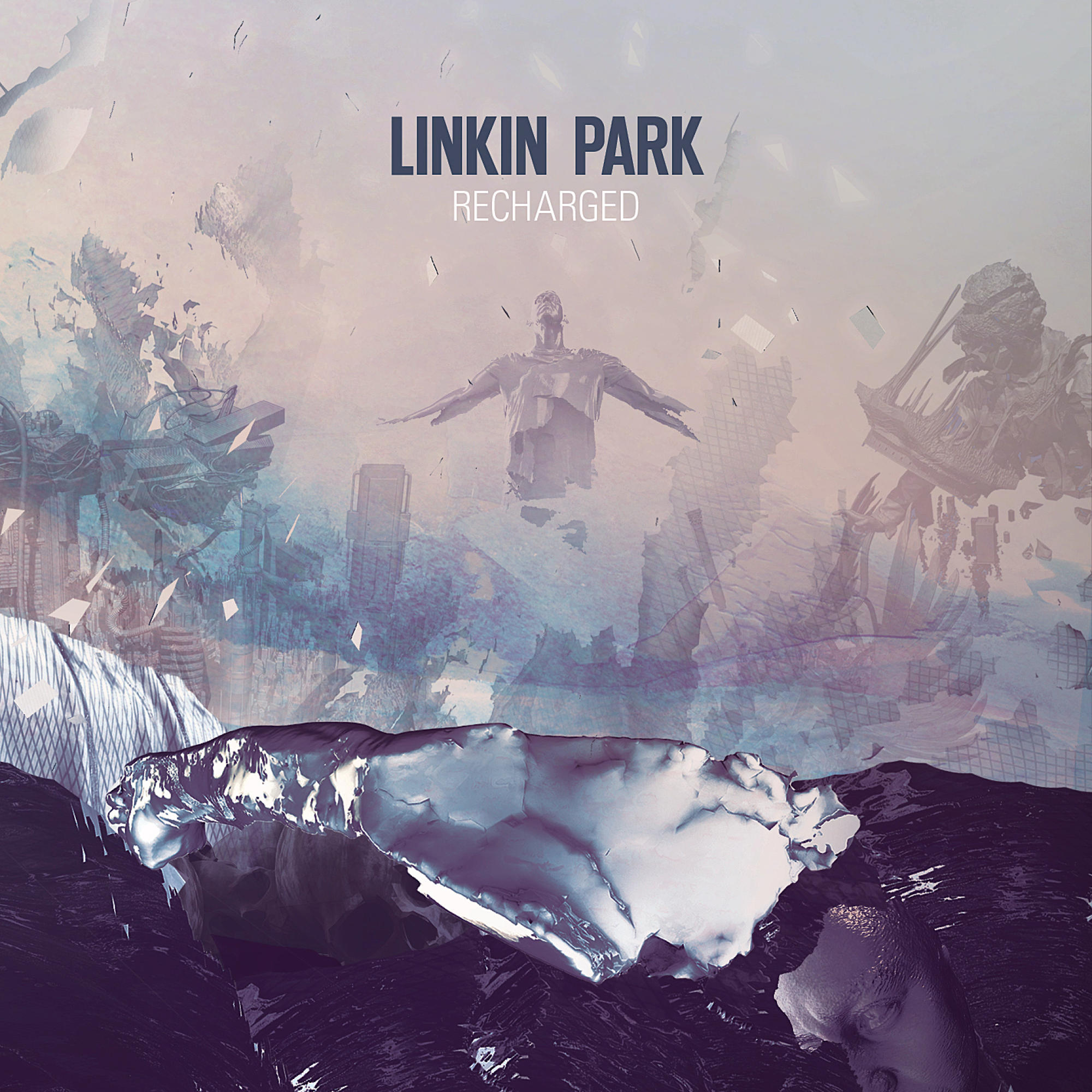 Albumcover mit künstlerischem Design. Zeigt einen Mann in der Luft, zerbrochenes Glas und Linkin Park-Text.