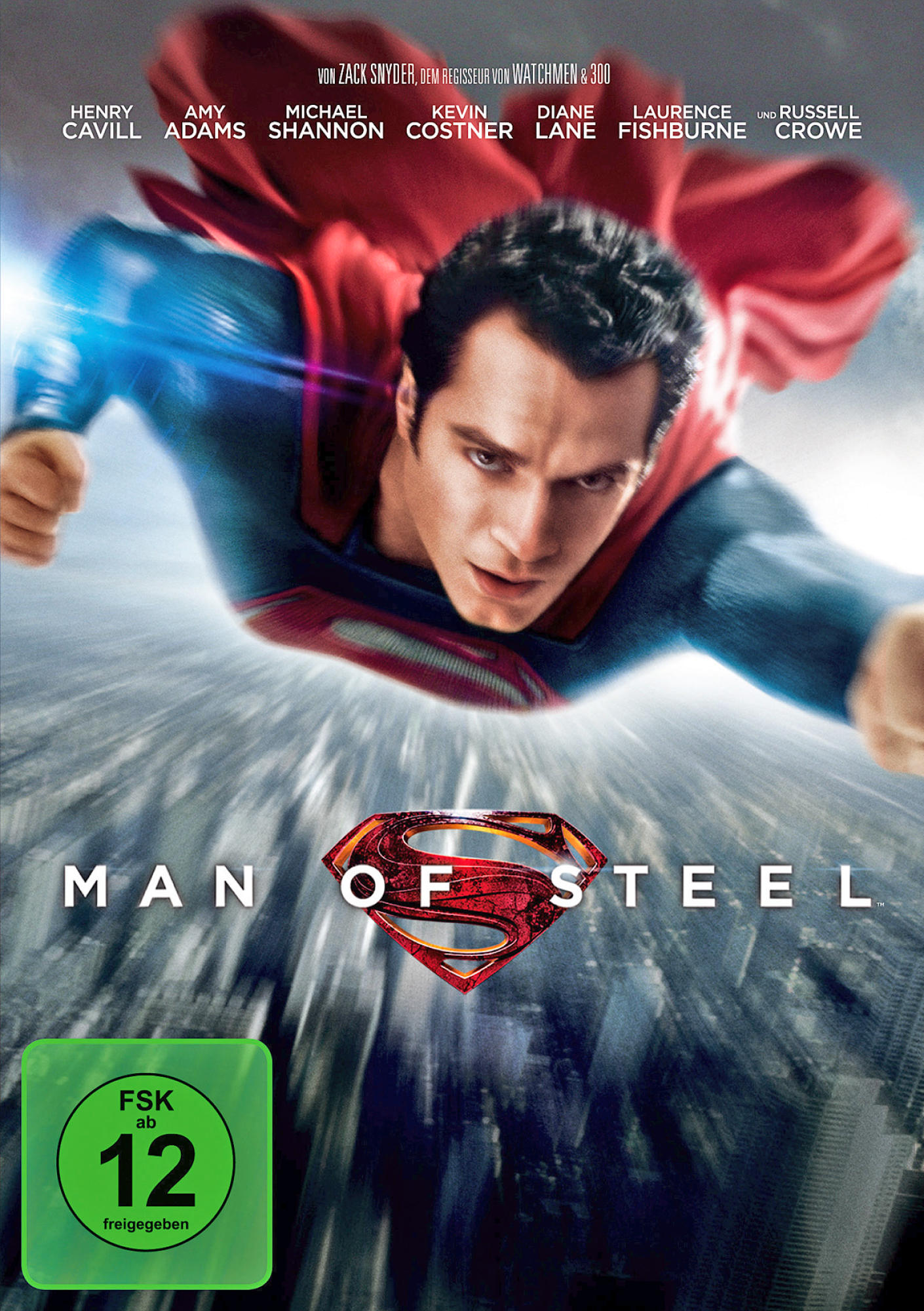 Filmcover: Superman fliegt mit blauem und rotem Anzug, der Titel 'Man of Steel' ist sichtbar.