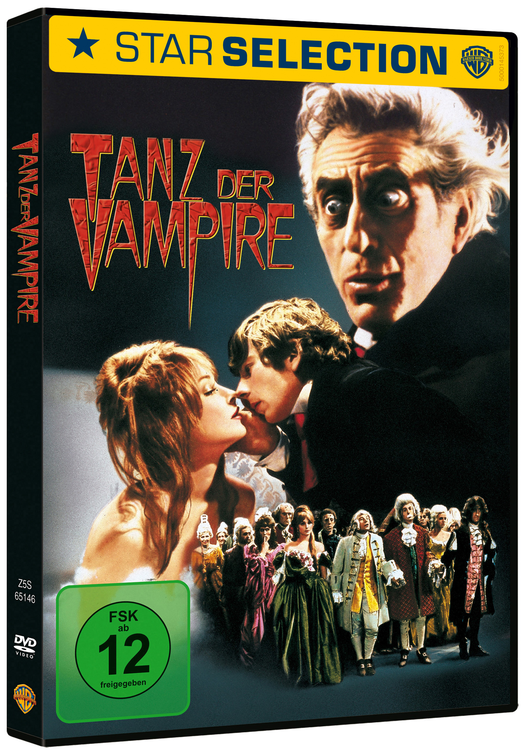 DVD-Cover. Ein Mann und eine Frau küssen sich. Oben schaut ein Mann nach unten. Text: Tanz der Vampire.