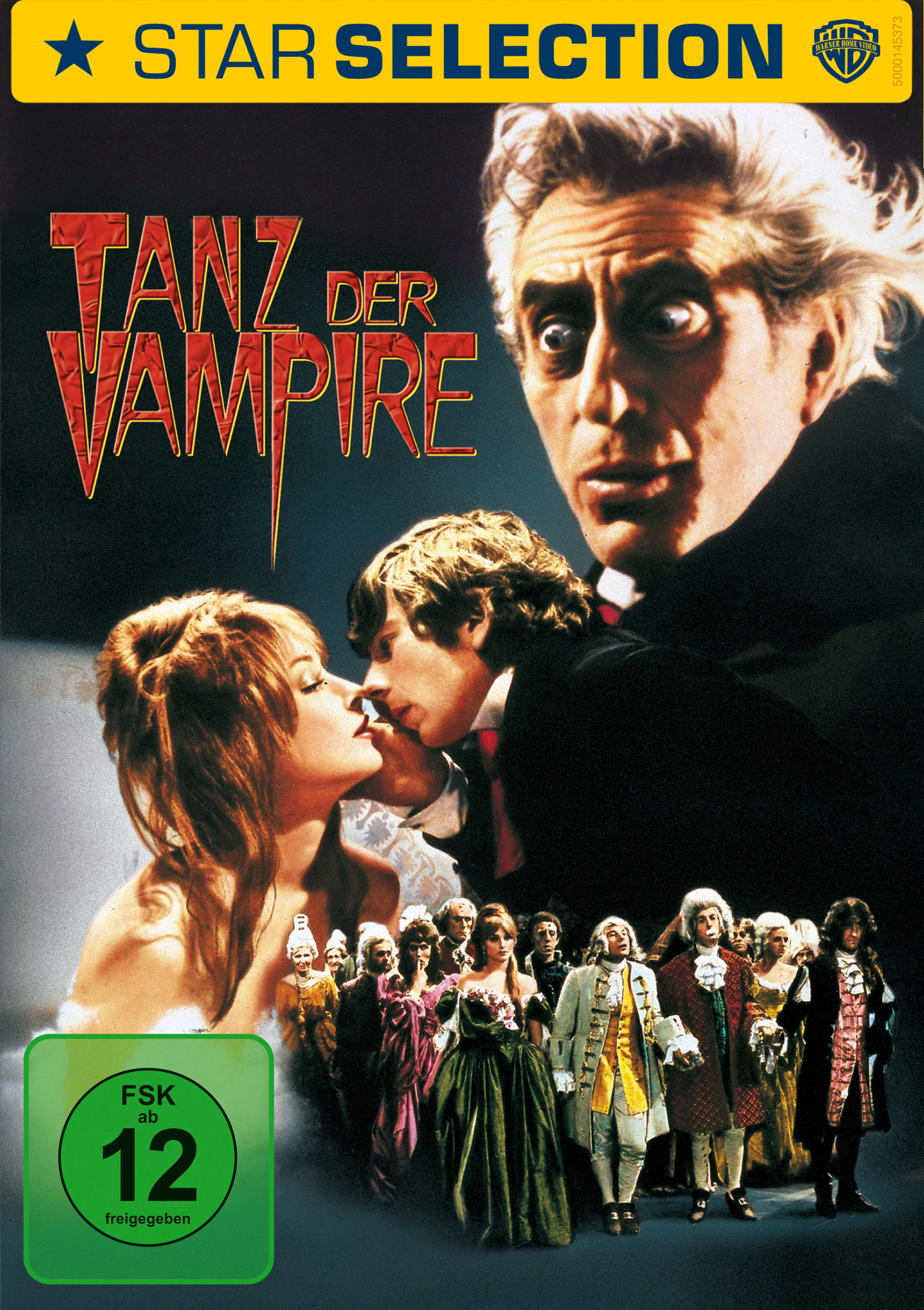 DVD-Cover, mit Titel "Tanz der Vampire", einem Vampir und Leuten in Kostümen.