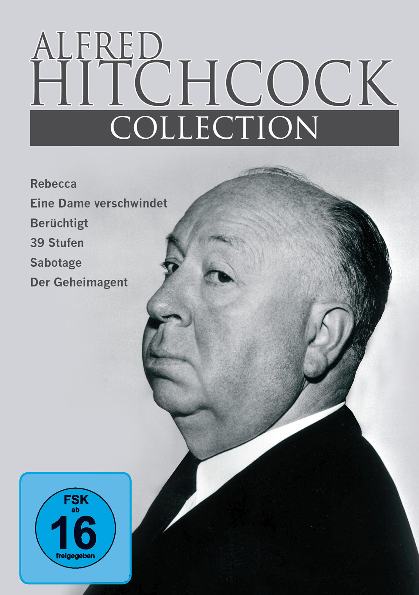Alfred Hitchcock Collection DVD-Cover, mit einem Schwarz-Weiß-Porträt von Hitchcock.