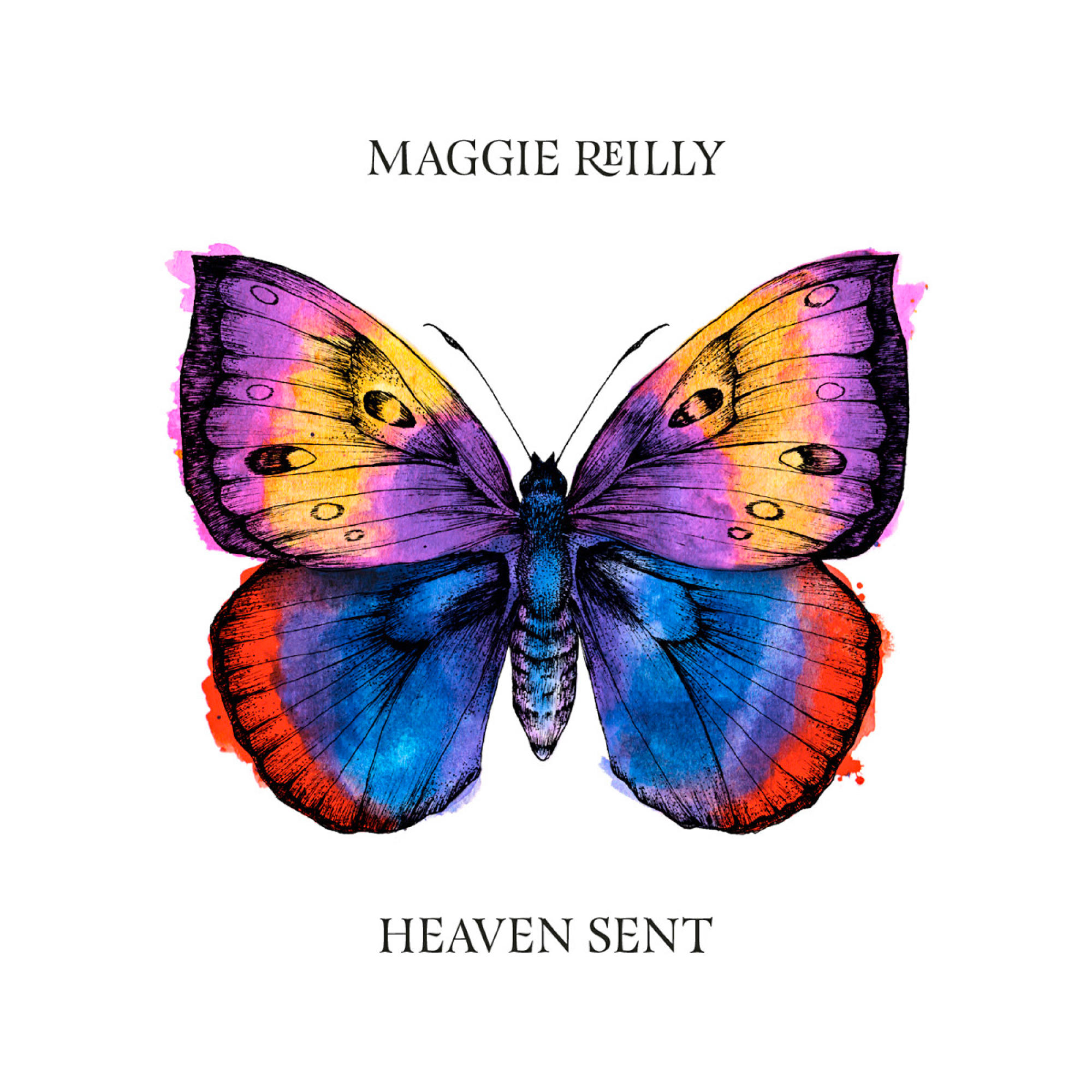 Ein bunter Schmetterling auf weißem Hintergrund. Der Schmetterling hat lila, gelbe, blaue und rote Farben.