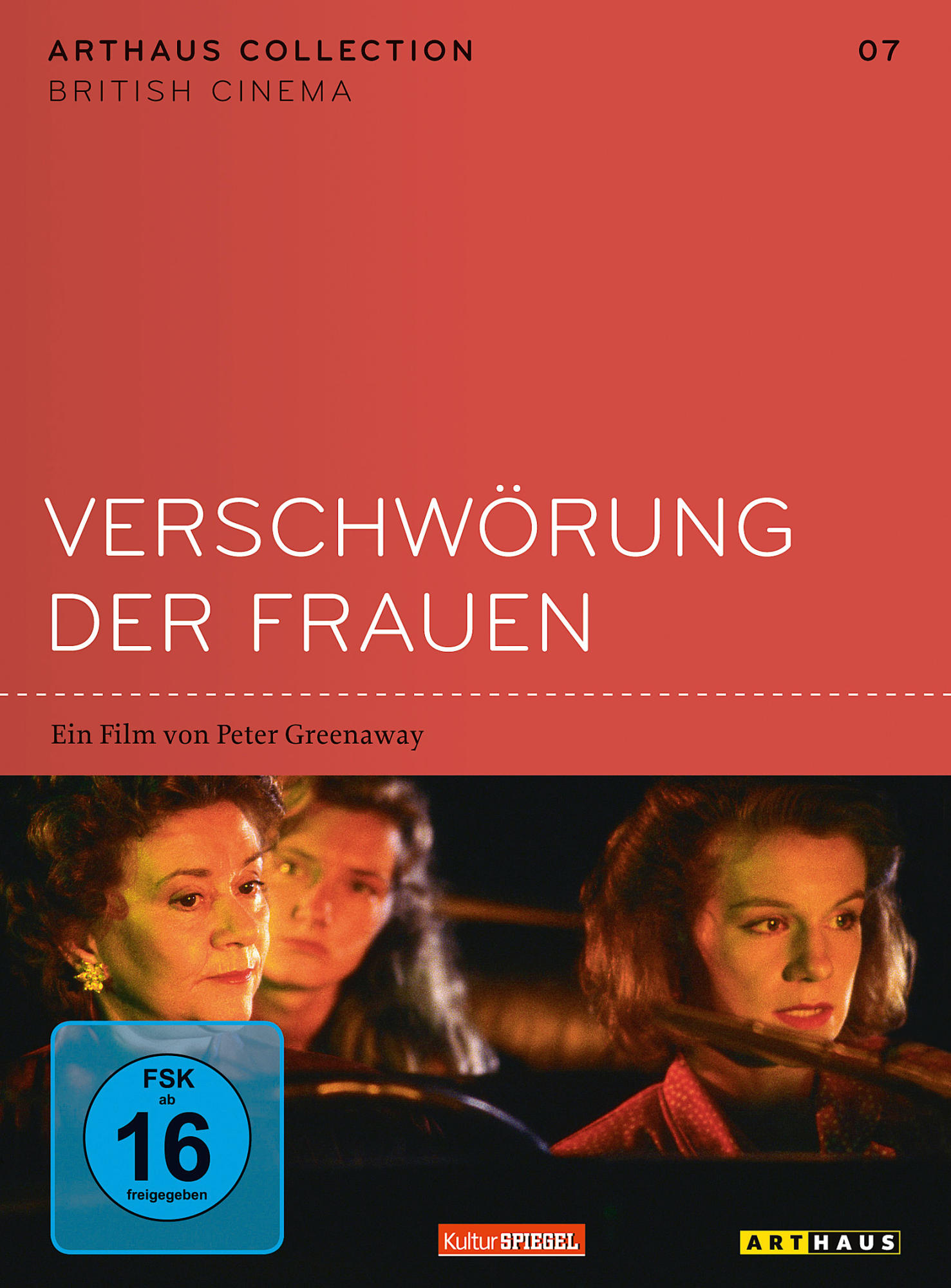 Filmcover: drei Frauen im Auto, Titel "Verschwörung der Frauen" und roter Hintergrund.
