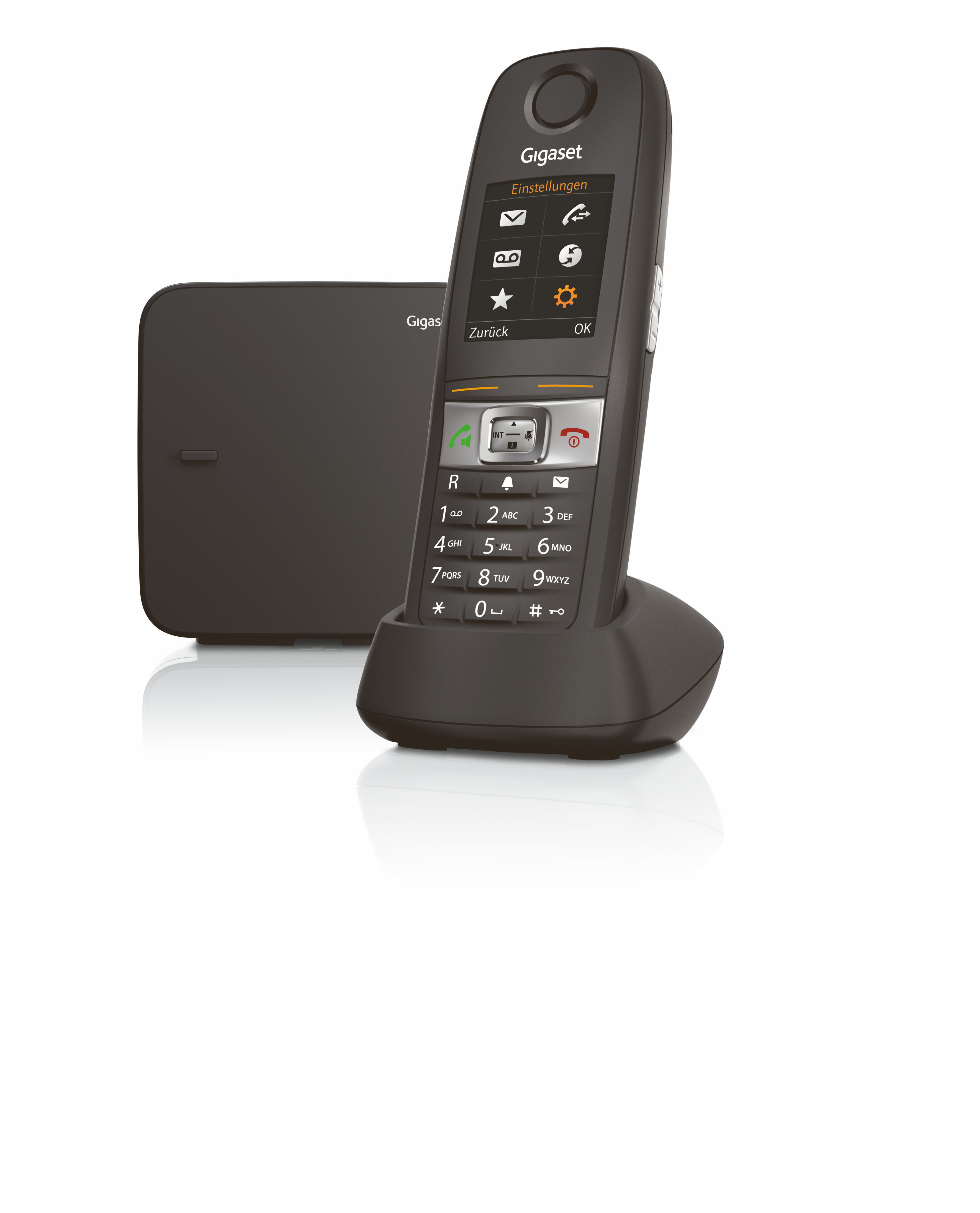 Schwarzes schnurloses Gigaset-Telefon mit Basisstation.