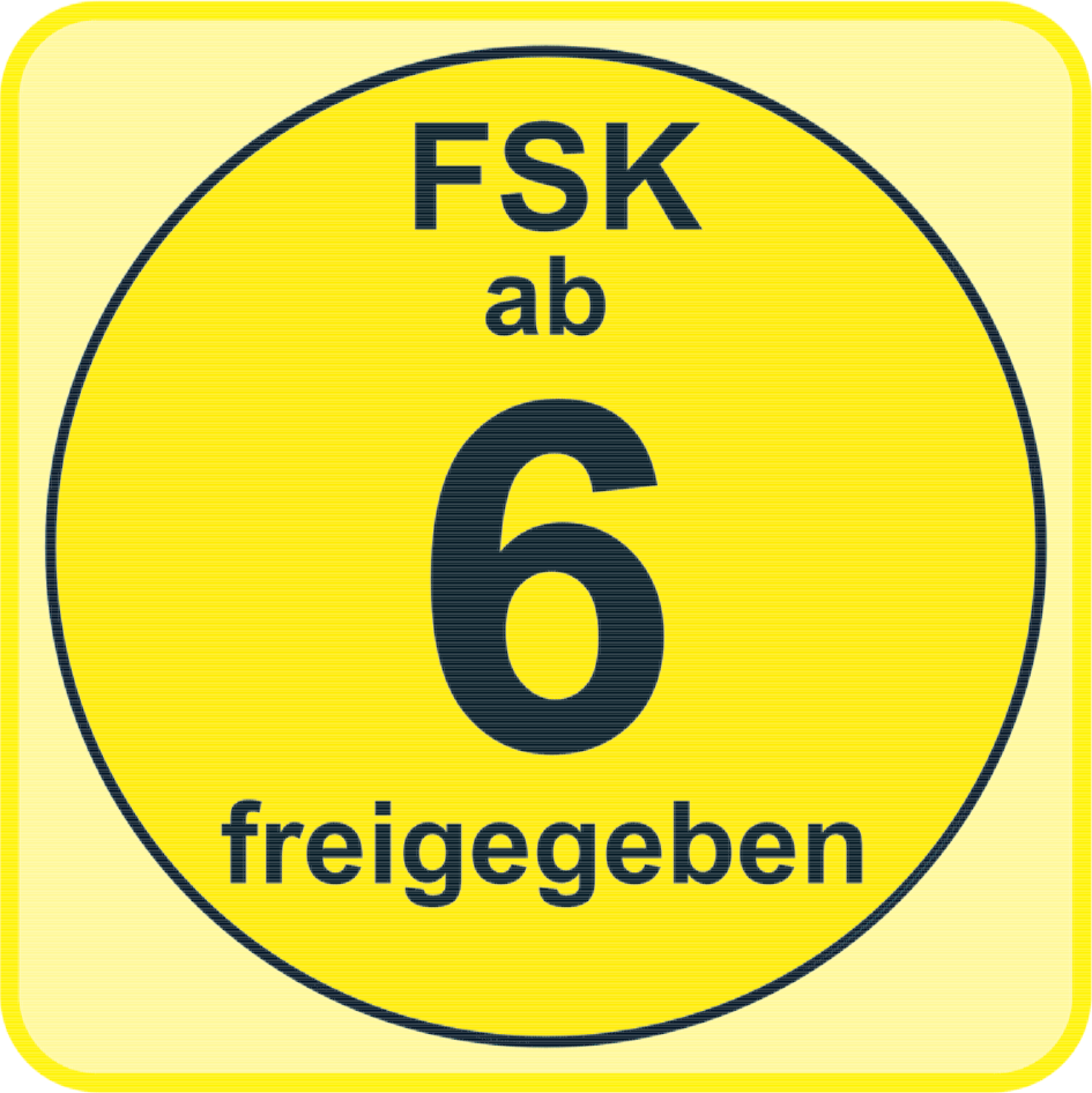 FSK-Alterskennzeichen. Gelber Kreis mit schwarzem Rand. Die Zahl '6' steht im Zentrum.