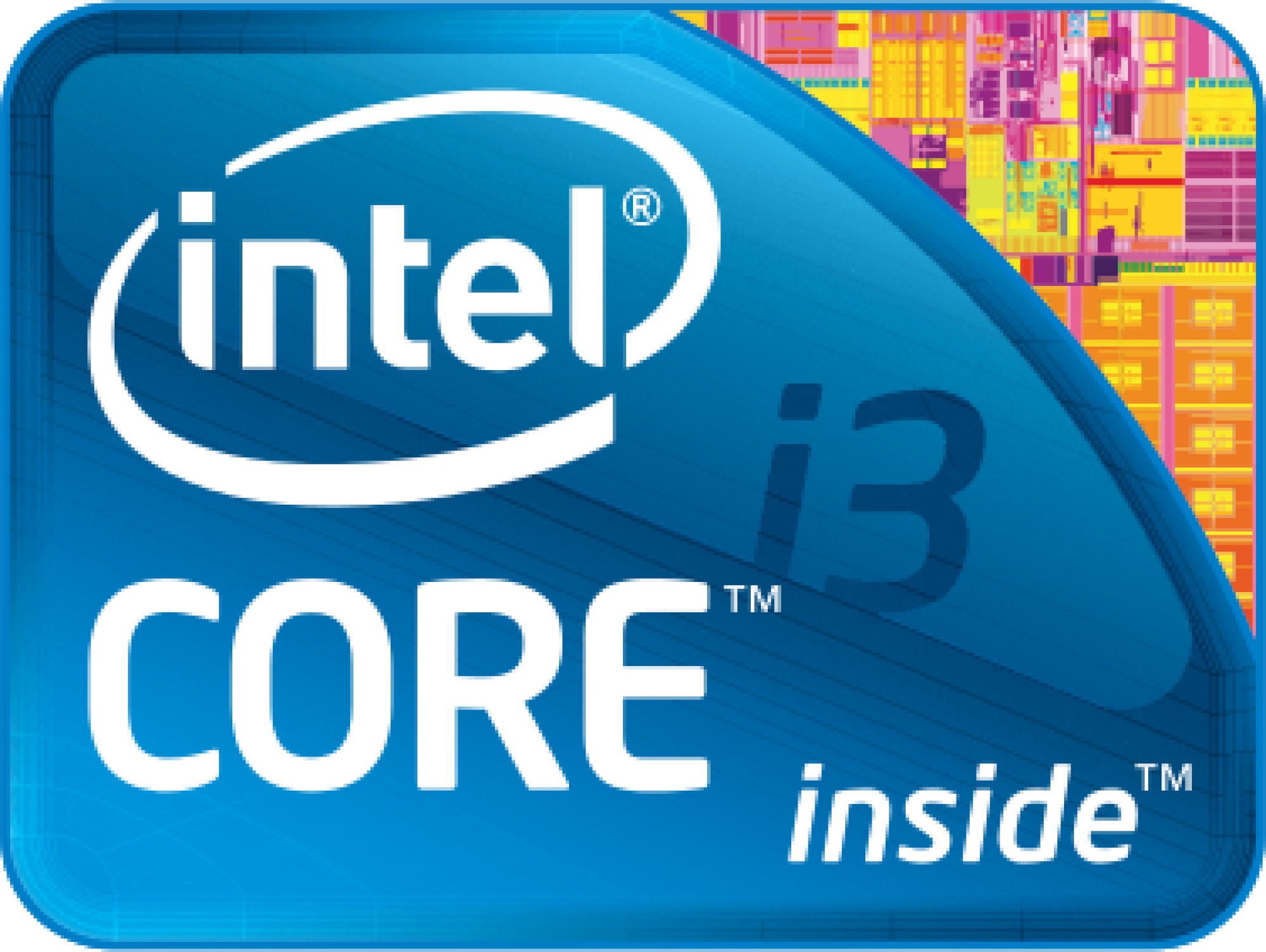 Intel Core i3 Logo. Blaue und weiße Farben. Text lautet 'Intel inside' und 'CORE i3'.