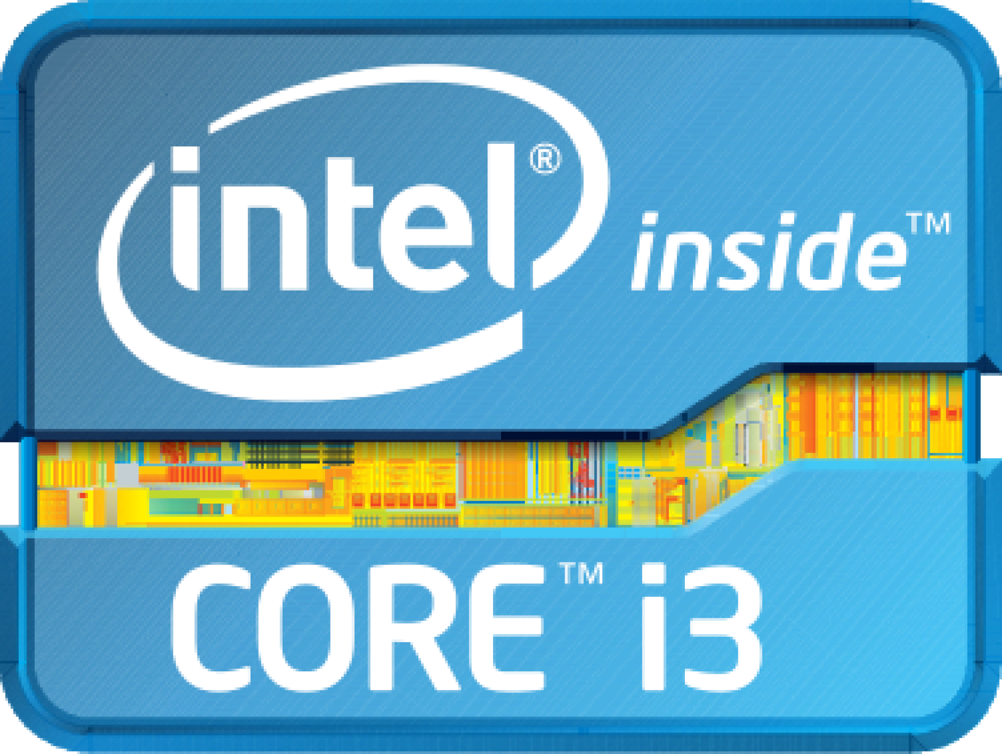 Logo Intel Core i3: niebieskie tło, biały tekst i kolorowe tło.