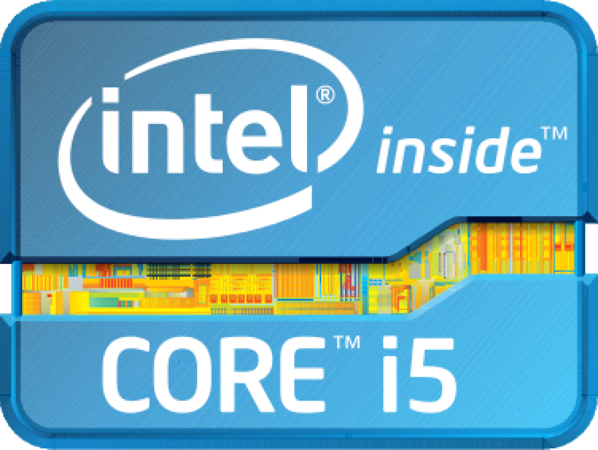 Intel Core i5 Logo: blauer Hintergrund, weißer Text und bunter Hintergrund.