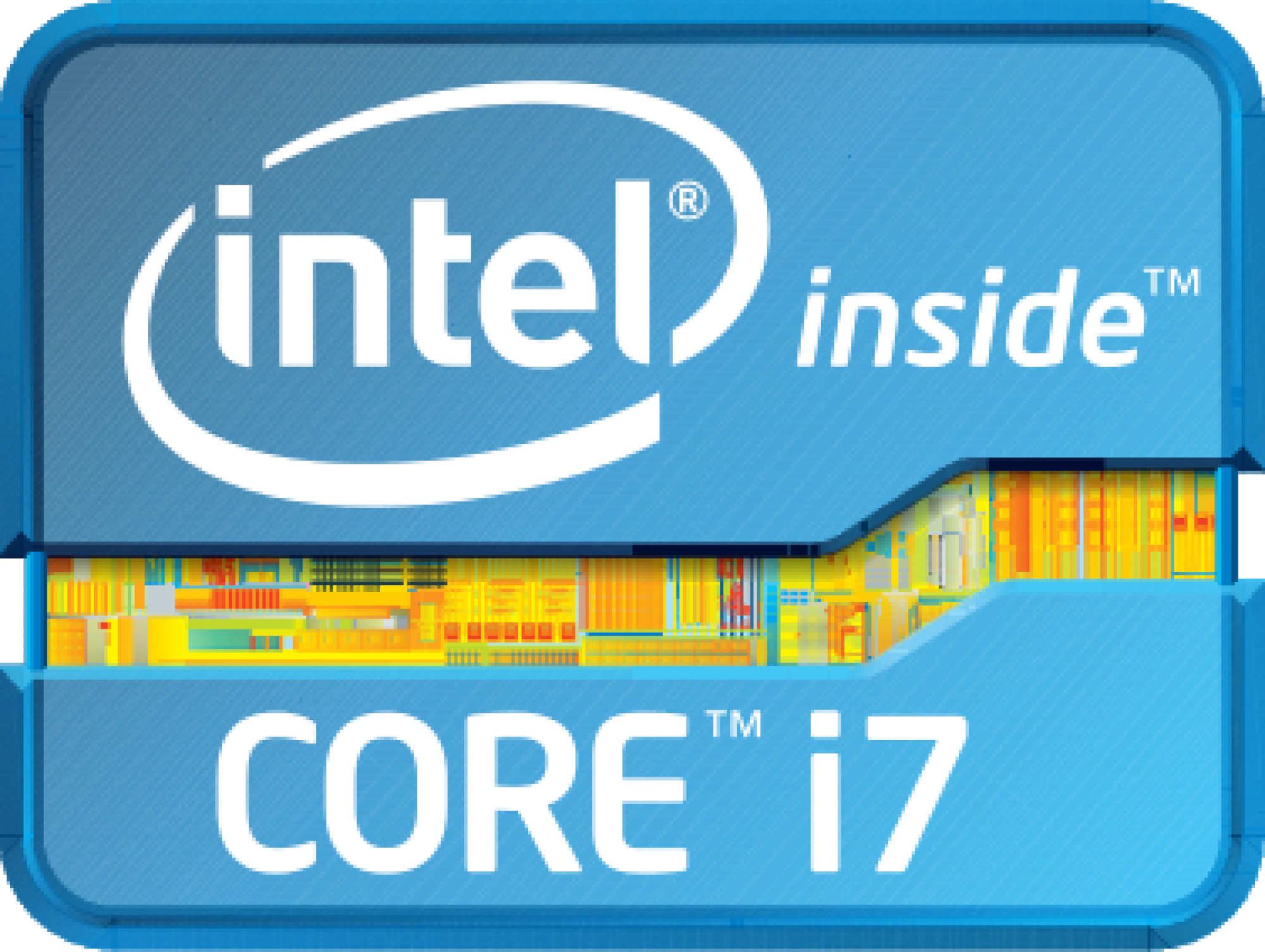 Intel Core i7 Logo. Blaue und weiße Farben. Text lautet 'Intel inside' und 'CORE i7'.