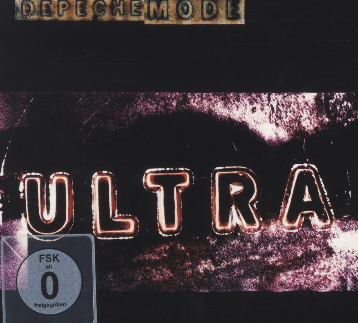 Das Cover einer Depeche Mode CD mit dem Titel 'ULTRA', mit schwarzem Hintergrund und rotem Text. Enthält FSK-Logo.