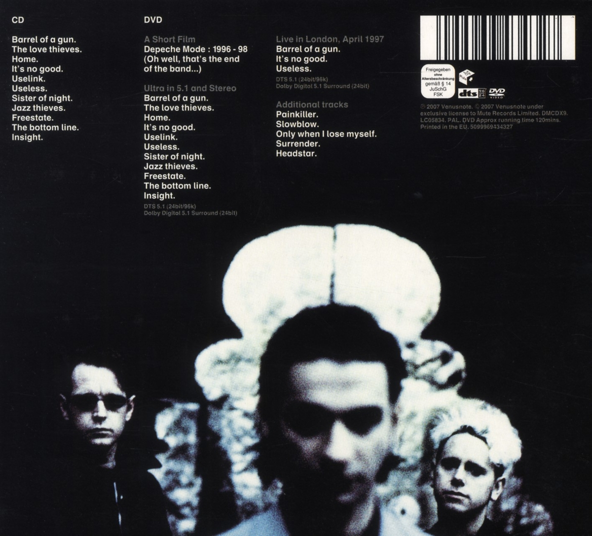 Depeche Mode Album-Rückseite mit Bandmitgliedern und Titelliste.