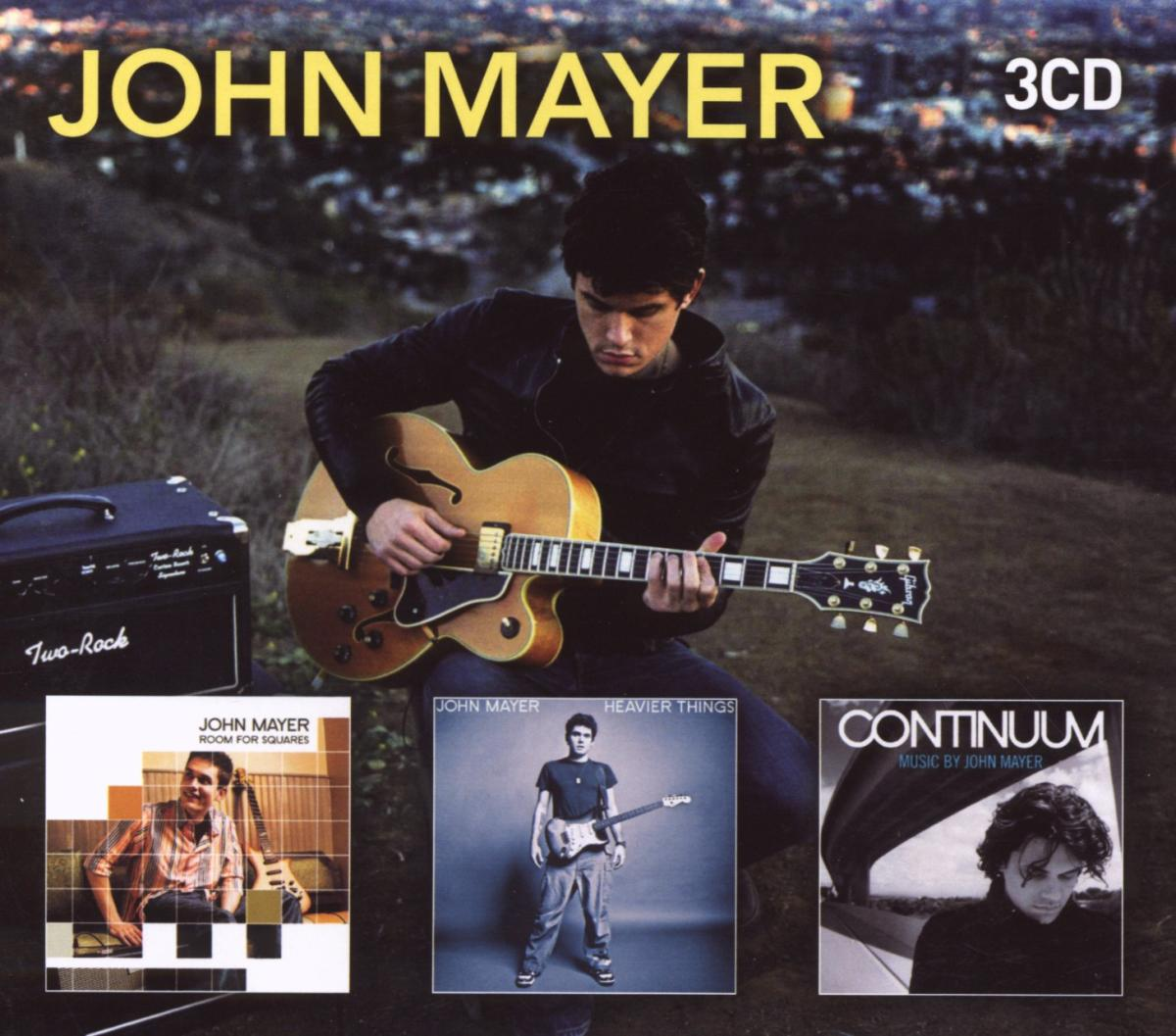 John Mayer Albumcover mit drei Alben. John Mayer spielt Gitarre vor einer malerischen Kulisse.