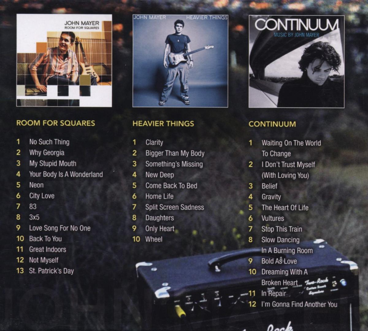 Drei John Mayer Albumcover: Room for Squares, Heavier Things und Continuum mit Tracklisten.