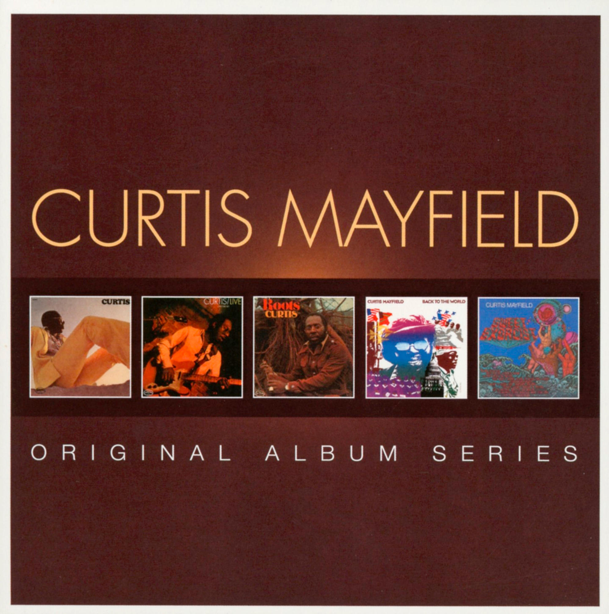 Albumcover mit fünf Albumcovern von Curtis Mayfield mit dem Schriftzug "Original Album Series".