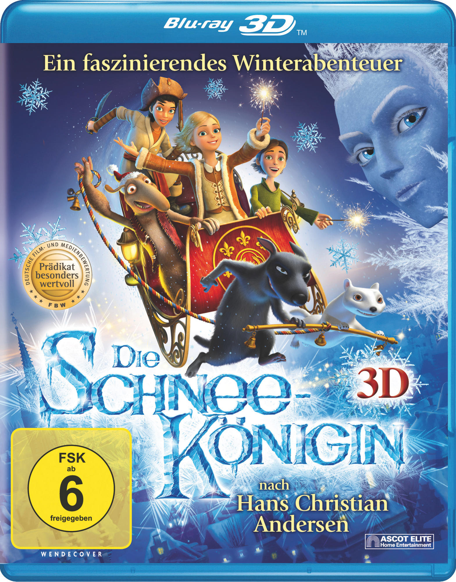 Blu-ray-Cover für "Die Schneekönigin" mit animierten Figuren und einer Winterszene.