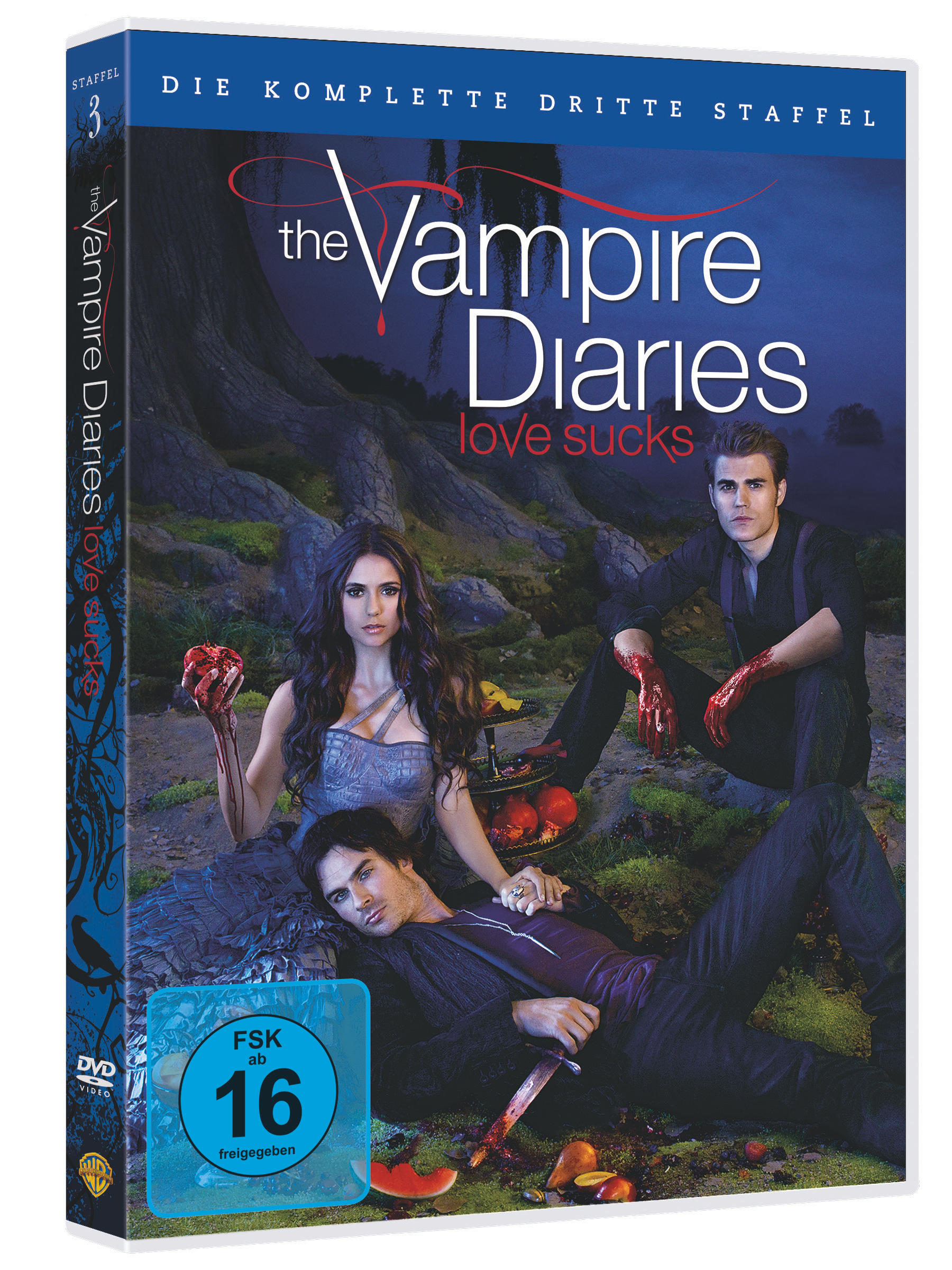 Das Cover der DVD von The Vampire Diaries Staffel 3. Zu den Schauspielern gehören Nina Dobrev, Paul Wesley und Ian Somerhalder.