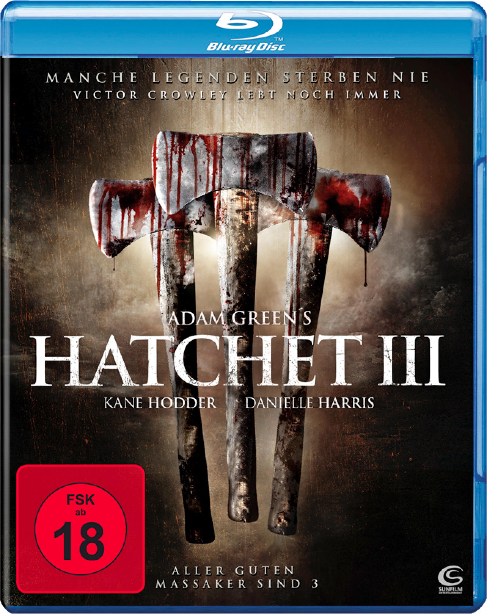 DVD-Cover mit drei blutigen Äxten und dem Titel 'Hatchet III'.